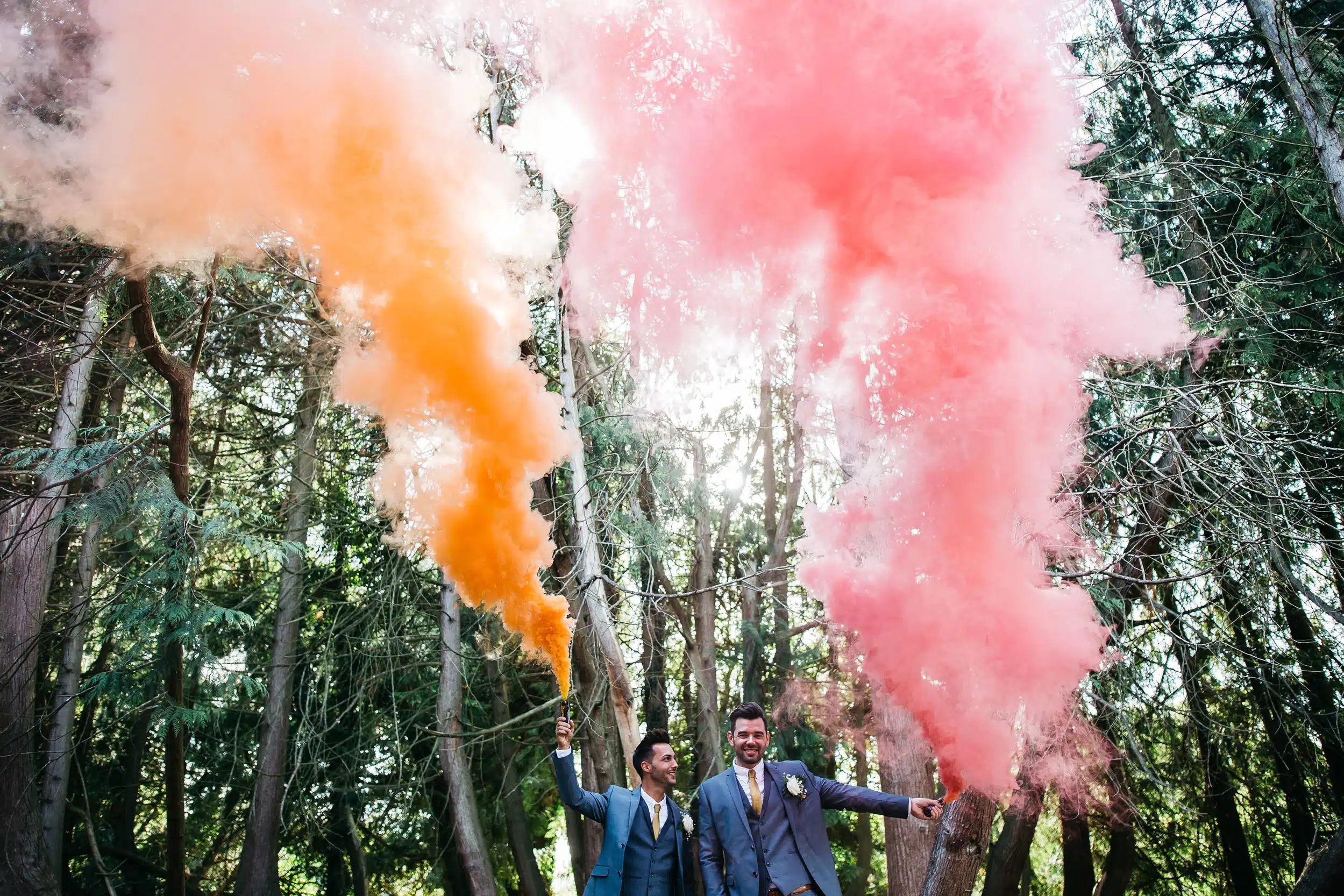 Wedding couple smoke bomb shot